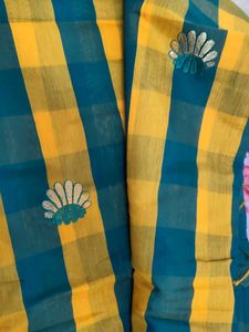 Yellow &amp; Teal Checkered Saree