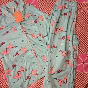 Zivame Nuts For U Knit Cotton Pyjama Set - Aruba Blue