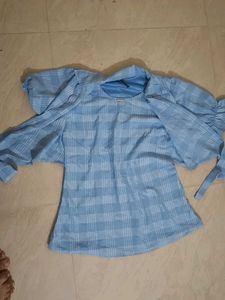 Light Blue Plaid Tie-Waist Top
