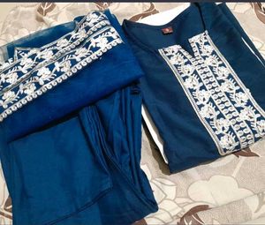 Teal Blue &amp; Motifs Embroidery Kurti Pant Dupatta