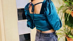 Velvet Puff Sleeve Crop Top