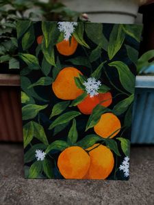 🍊 Oranges And Leaves – Handmade Painting 🎨✨