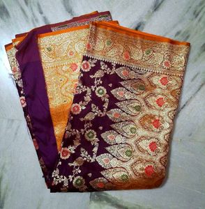 Wine And Orange Banarasi Silk Saree