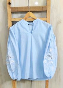 Blue Embroidered Sleeve Top size-42