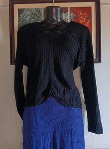 Black Ribbed V-Neck Long Sleeve Top