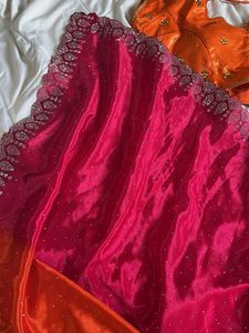 y2k Pink &amp; Orange ombre Saree with beaded Blouse