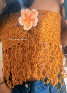 🌼 Handmade Mustard Crochet Fringe Top with Flower