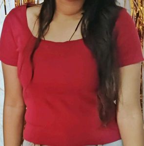 Red Cropped Ribbed Top