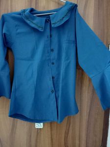 Elegant Blue Peter Pan Collar Synthetic Shirt