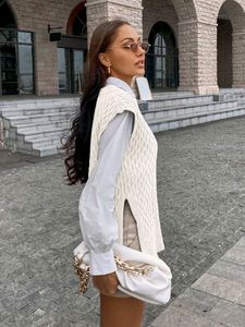 Cable Knit Split Hem round Collared Vest Sweater