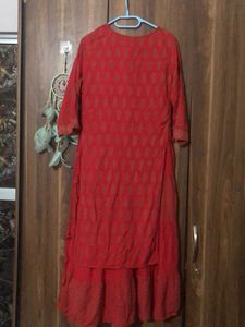 Red &amp; Gold Print Kurti Set