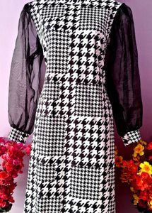Houndstooth Dress with Sheer Sleeves