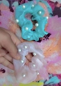 Pastel Pink And Green Coloured Beaded Scrunchies