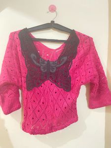 Pink Knit Top with Butterfly Detail