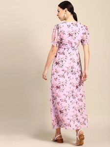 Lavender &amp; Brown Floral Print Front Slit Dress