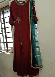 Maroon Gown With Net Dupatta