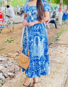 Blue Paisley Print Smocked Maxi Dress