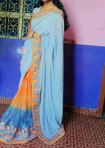Orange And Silver Colour Saree