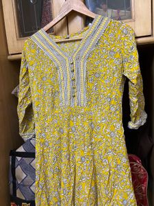 Yellow Floral Print Cotton Dress
