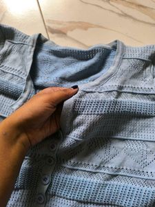 Blue Knit Button-Up Top