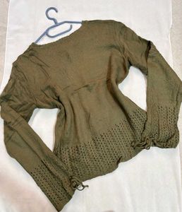 🎁Buy1 Get1 Free Crochet Olive Green Knit Top