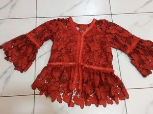 Red Floral Lace Bell Sleeve Top