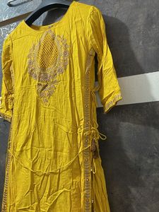 Yellow Embroidered Kurti With Attached Shrara