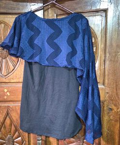 Elegant Navy Blue &amp; Black Dual Fabric Top