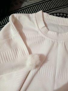 White Sweatshirt With Pom-pom Sleeves