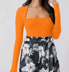 Orange Square Neck Long Sleeve Top