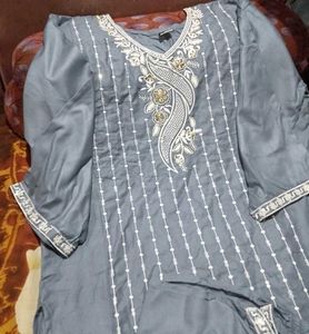 Embroidered Gray Kurta And Bottom Set