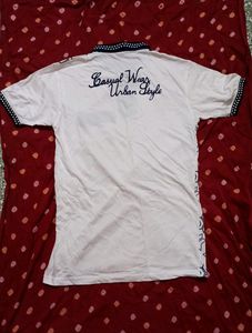 Boys White And Navy Blue Casual Polo Tshirt