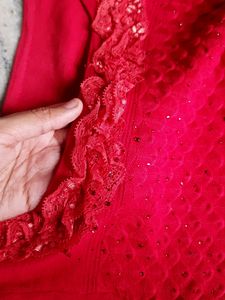 Red Festive Top Frilly Neck For Semi Winter