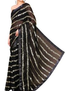 Black Sequin Stripe Saree