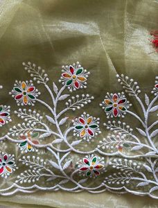 Elegant Olive Green Twill net embroidery  work Sar