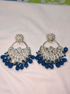 Blue Beaded Kundan Chandbali Earrings