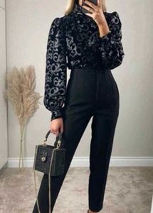 ZARA Black Faux Leather Velvet Top