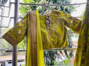 Lime Heavy Zari Work Lahenga Stiched Blouse