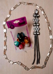 Colorful Beads rubberband, Gold Color Long Neck Chain And Saree/Lahenga Diamond Pin Combo
