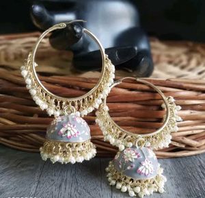 LC Jewellz Gold Toned And Grey Dome Shaped Jhumka