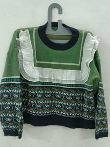 Green Patterned Ruffle Sweater