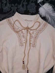Embroidered Beige Long Sleeve Top