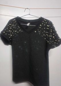 Pearl Embellished Black Top