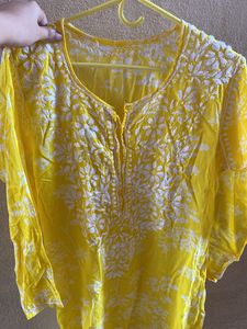 Farhaa Yellow Floral Long Mul Kurta