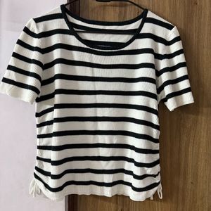 Black & White Striped Knit Top with side drawstrin