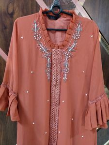 New Coral Pink Work Georgette kurti pan
