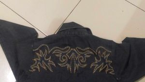 CHARCOAL WOMEN DENIM WITH FLAMES EMBROIDERY