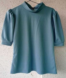Classic Green Sea Puff Sleeve Top For Daily Wear
