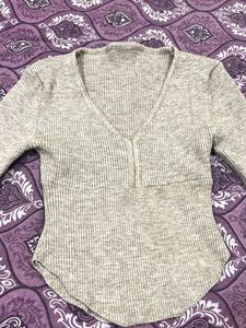 Ribbed V-Neck Long Sleeve Top