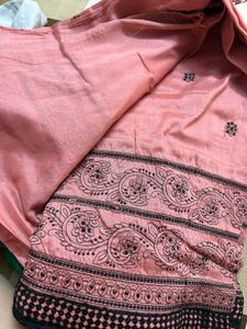 Elegant Pink Saree with Black Paisley Embroidery